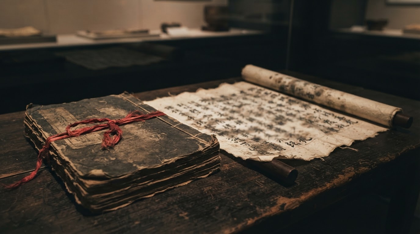 An old Joseon-era book bound with red cord and a half-unrolled scroll of hanji paper, the writing too blurred to read