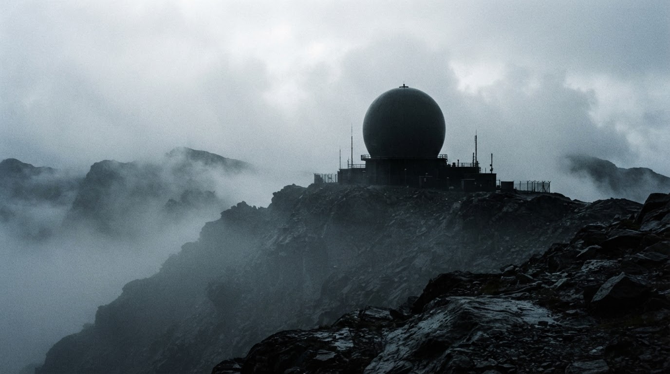 The silhouette of a radar dome rising round above a ridgeline, sunk in fog, its surroundings hazy
