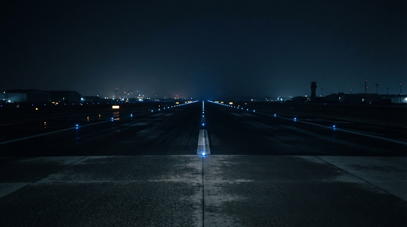 The night view of an empty runway with no fighters, only the taxiway lights glowing in rows through the dark