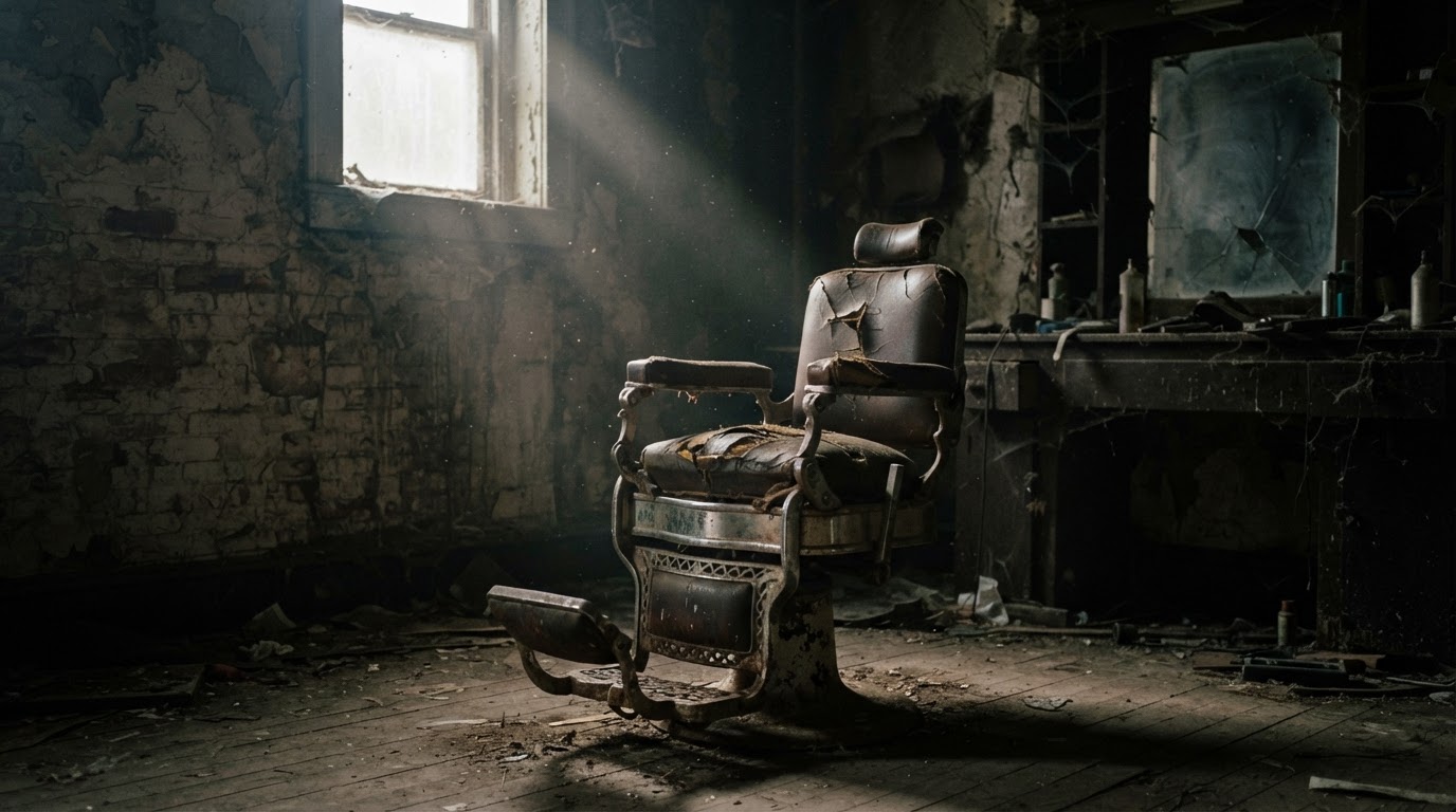 An old barber's chair standing alone in a dim, abandoned room, cracked leather, a shaft of weak light from a small window