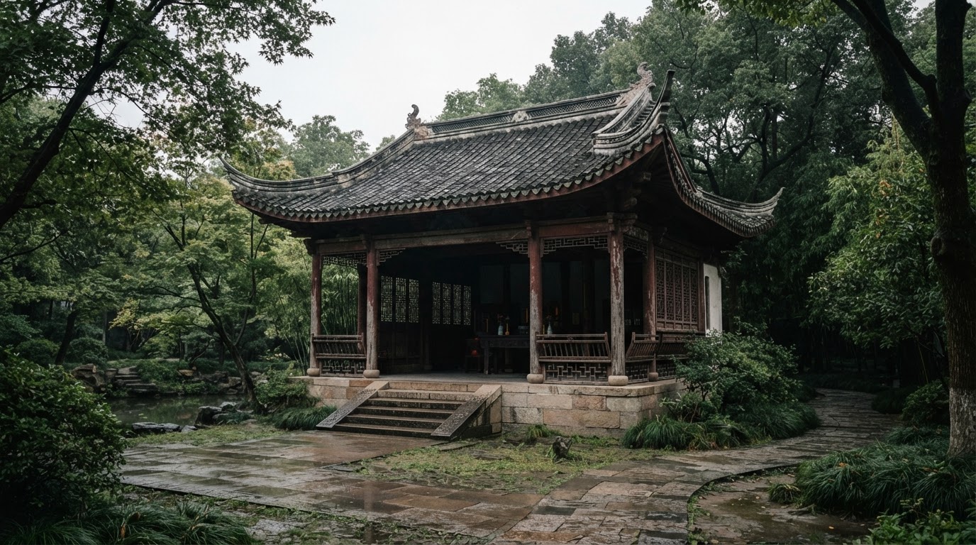 The preserved old yamen building of the former walled city, a traditional Qing-era Chinese pavilion with grey tiled roof, standing quiet in a green park