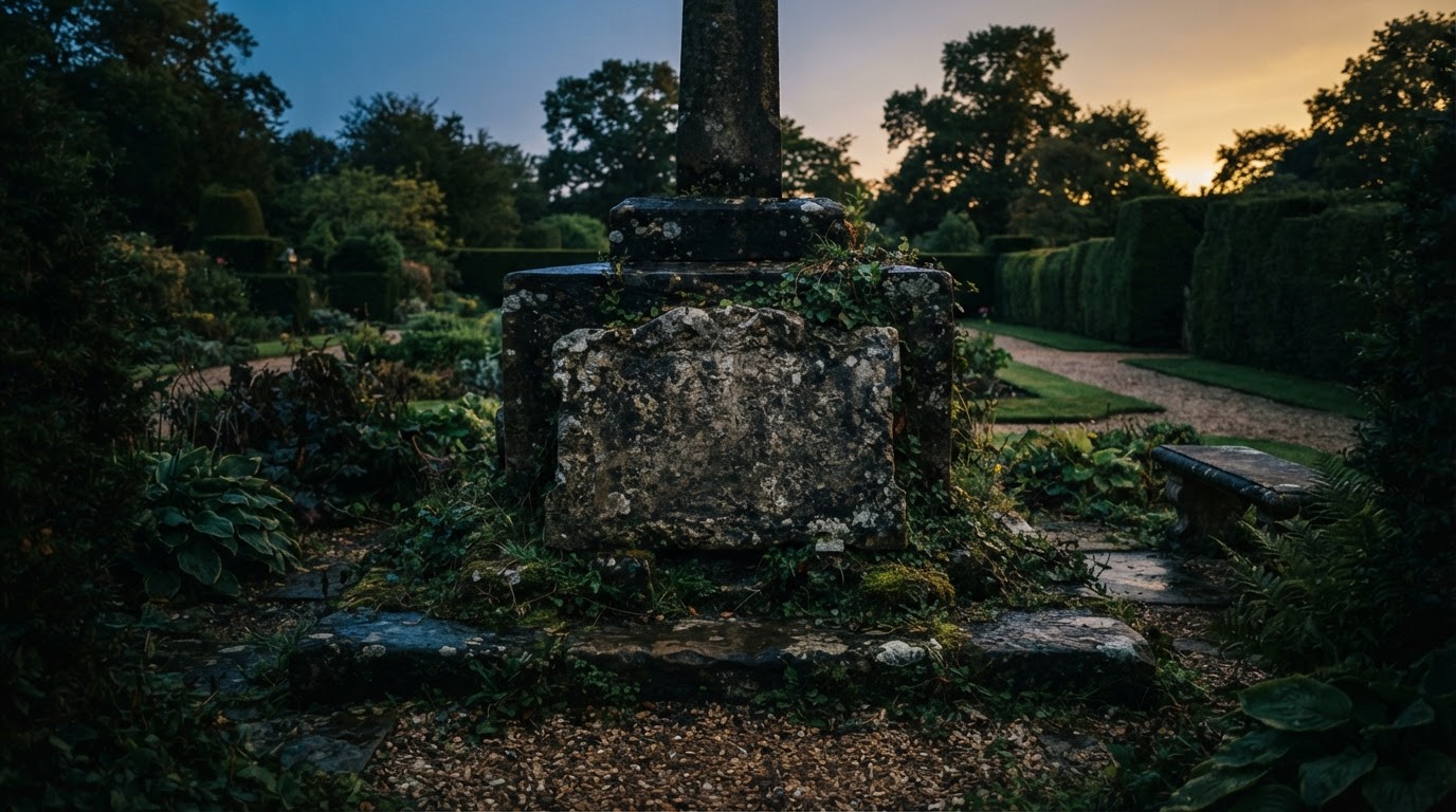 A weathered stone plaque area at dusk in a quiet garden, engraved surface illegible, soft fading light, moss at the base
