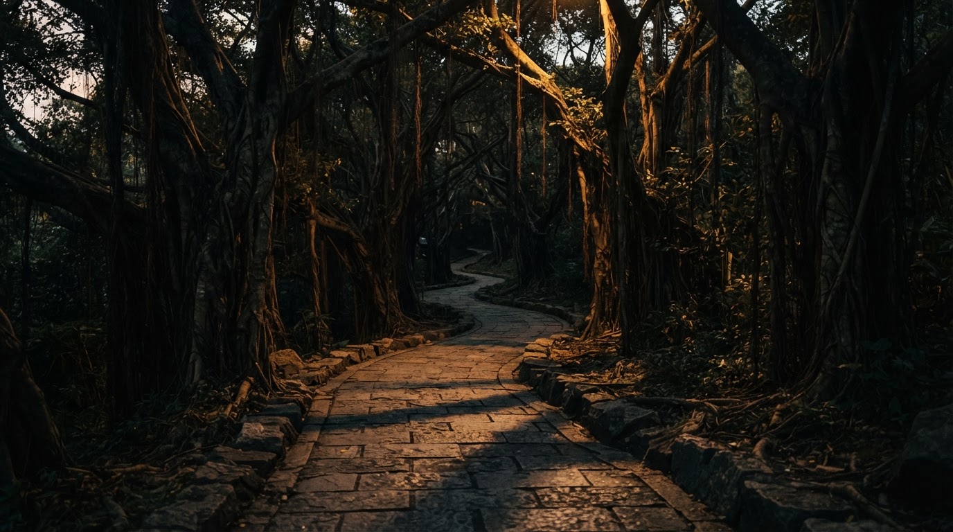 An empty park path winding beneath old banyan trees at dusk, long shadows, soft golden light fading, deep quiet