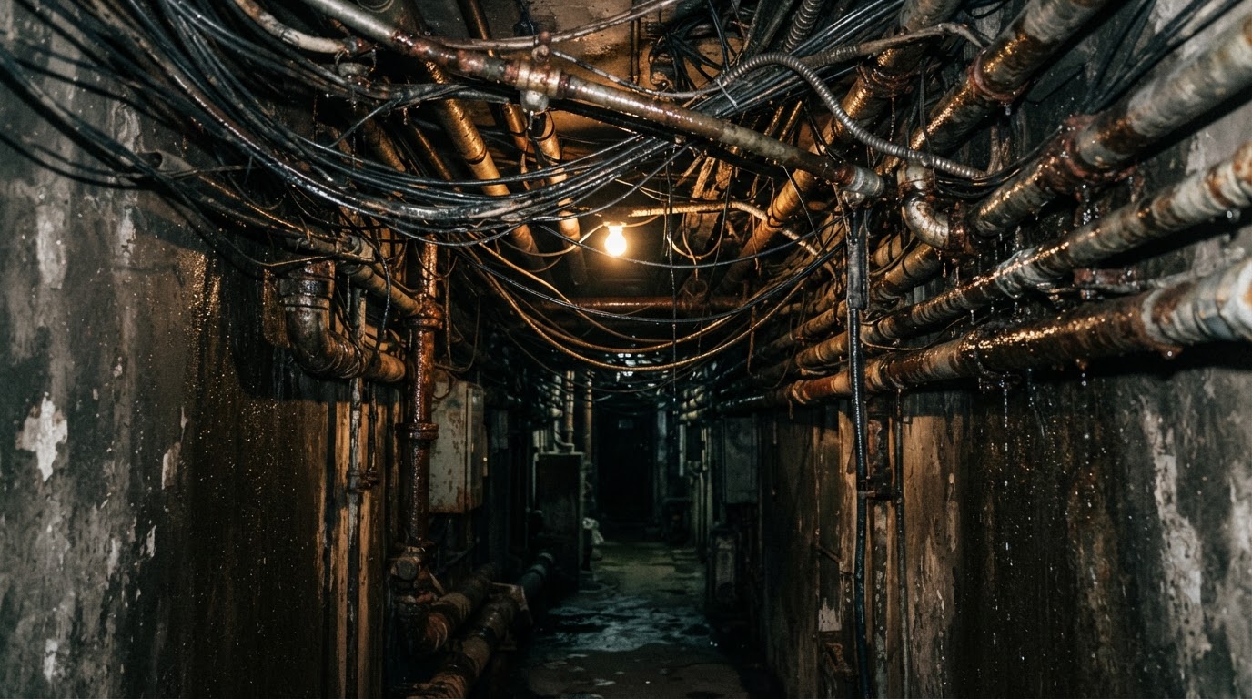 Tangled bundles of electric wires and water pipes crossing overhead in a dark corridor, dense as jungle vines, dripping and rusted