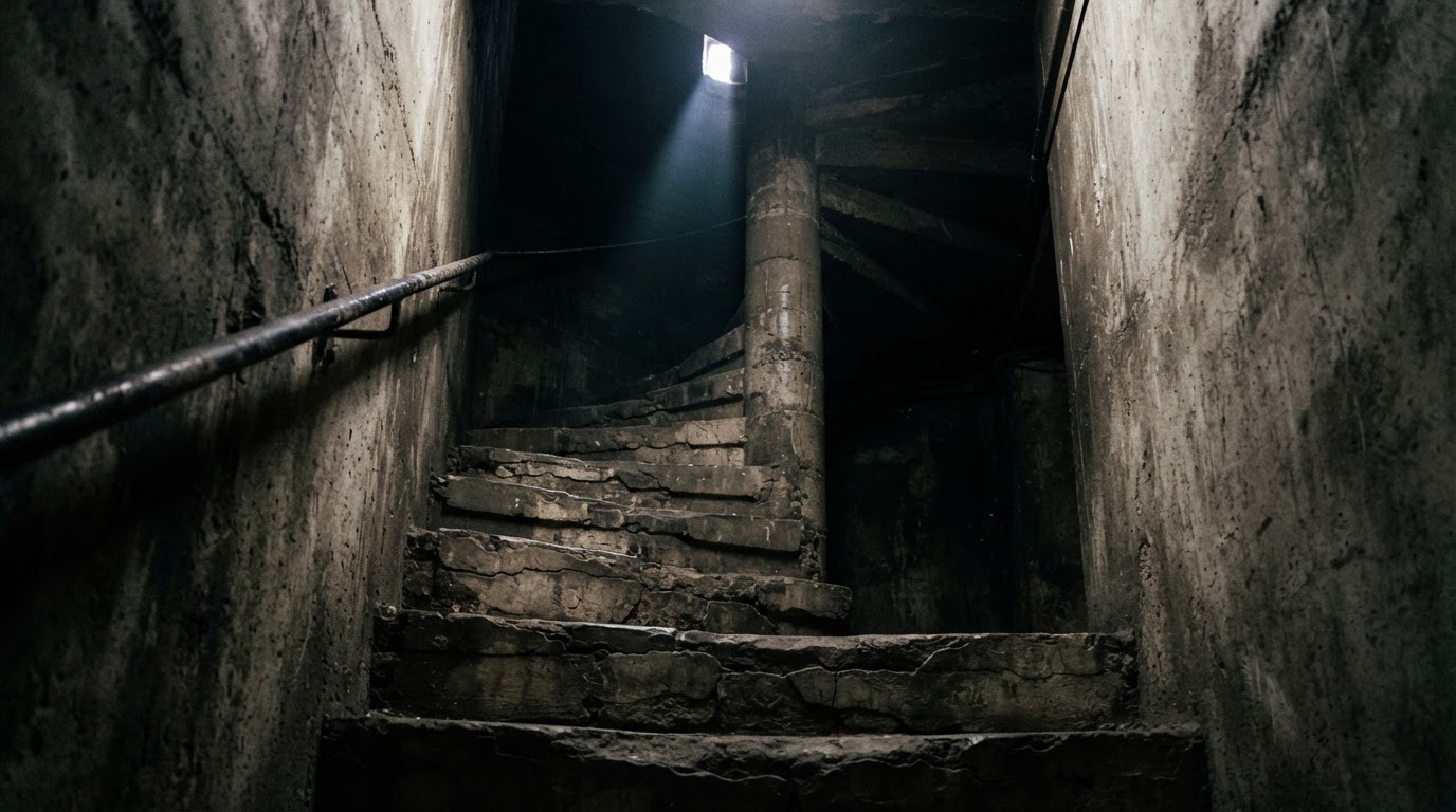 A dim, narrow staircase spiraling upward through a concrete structure, worn steps, a single weak light from above