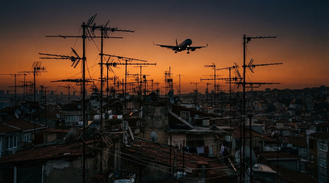 A rooftop forest of countless TV antennas silhouetted against an orange sunset sky, a passenger plane passing low overhead