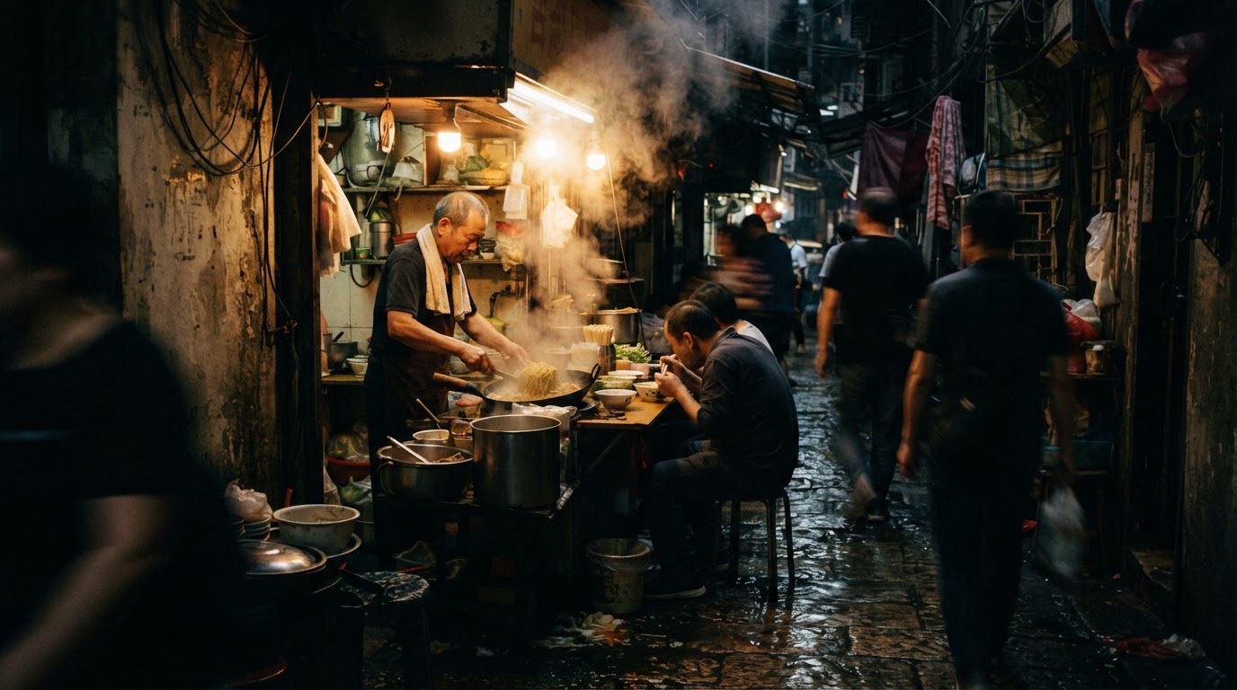 The warm glow of a noodle stall in a dark corridor, steam rising, figures blurred, no readable signs anywhere
