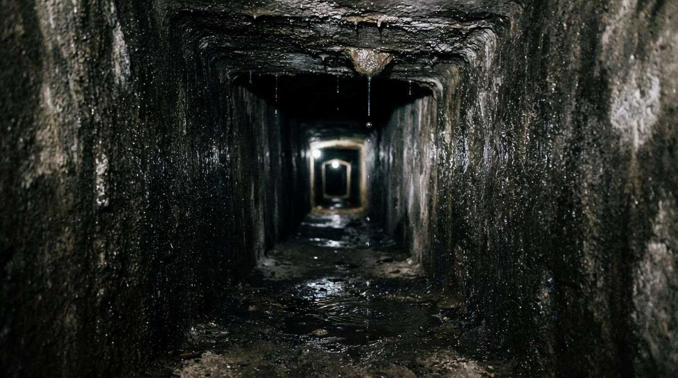 Water dripping steadily through a dark, narrow passage, wet concrete walls glistening, a faint distant light, oppressive low ceiling