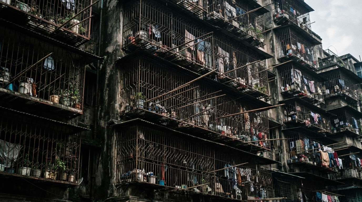 Close detail of a caged balcony facade, layers of rusted metal grilles and bars stacked floor upon floor, laundry poles jutting out, weathered
