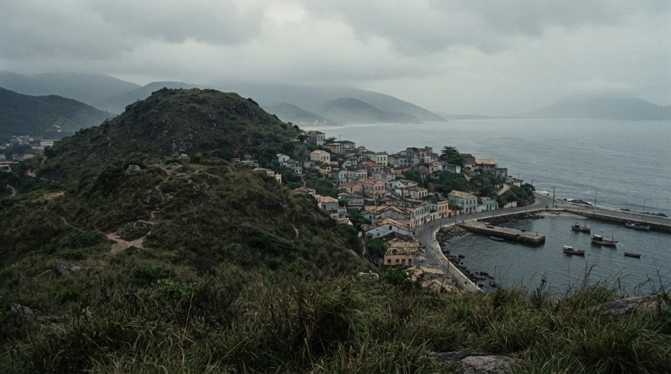 Distant view of misty Vintém Hill in Niterói, Brazil, 1960s atmosphere
