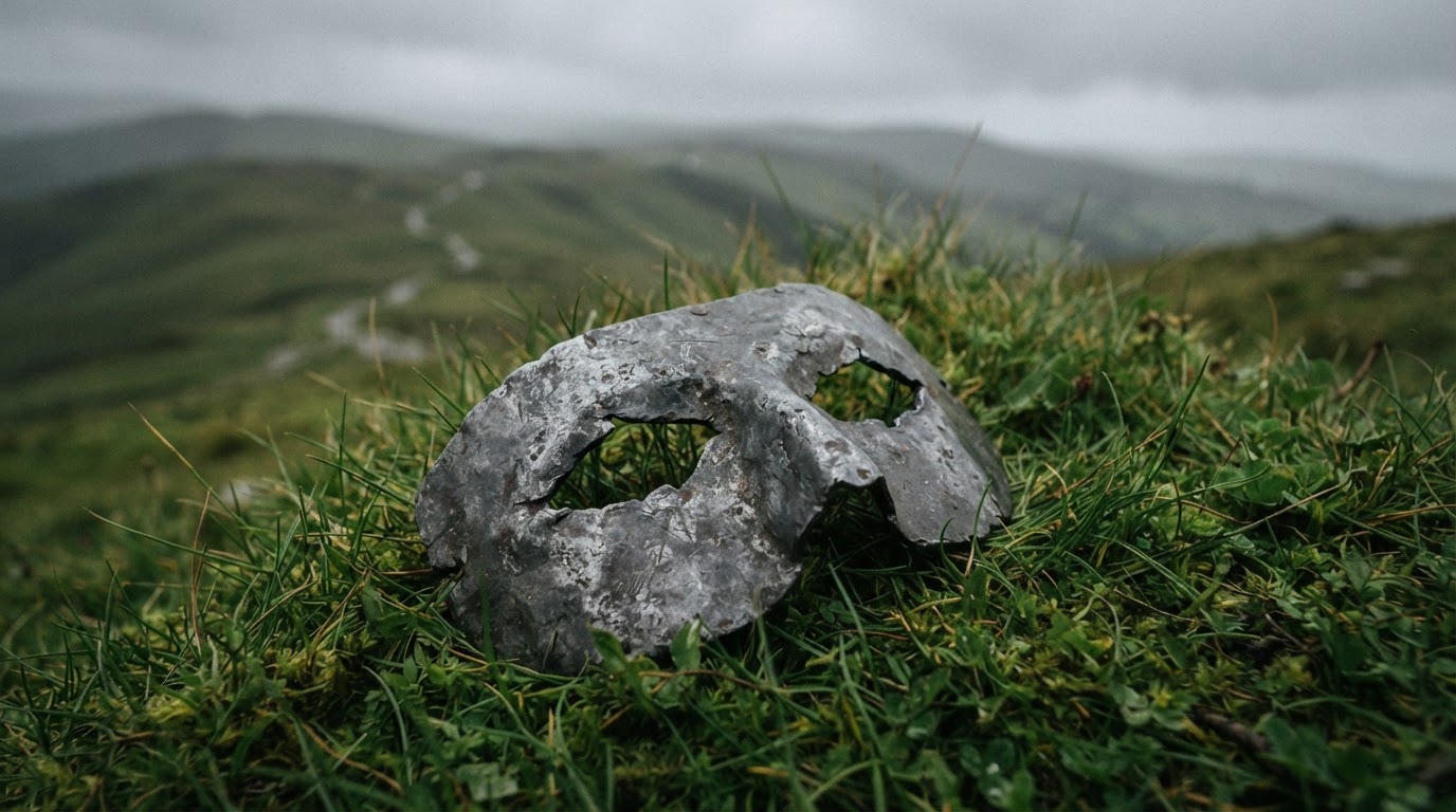 A crude, handmade lead eye mask object resting on a grassy hilltop, photorealistic