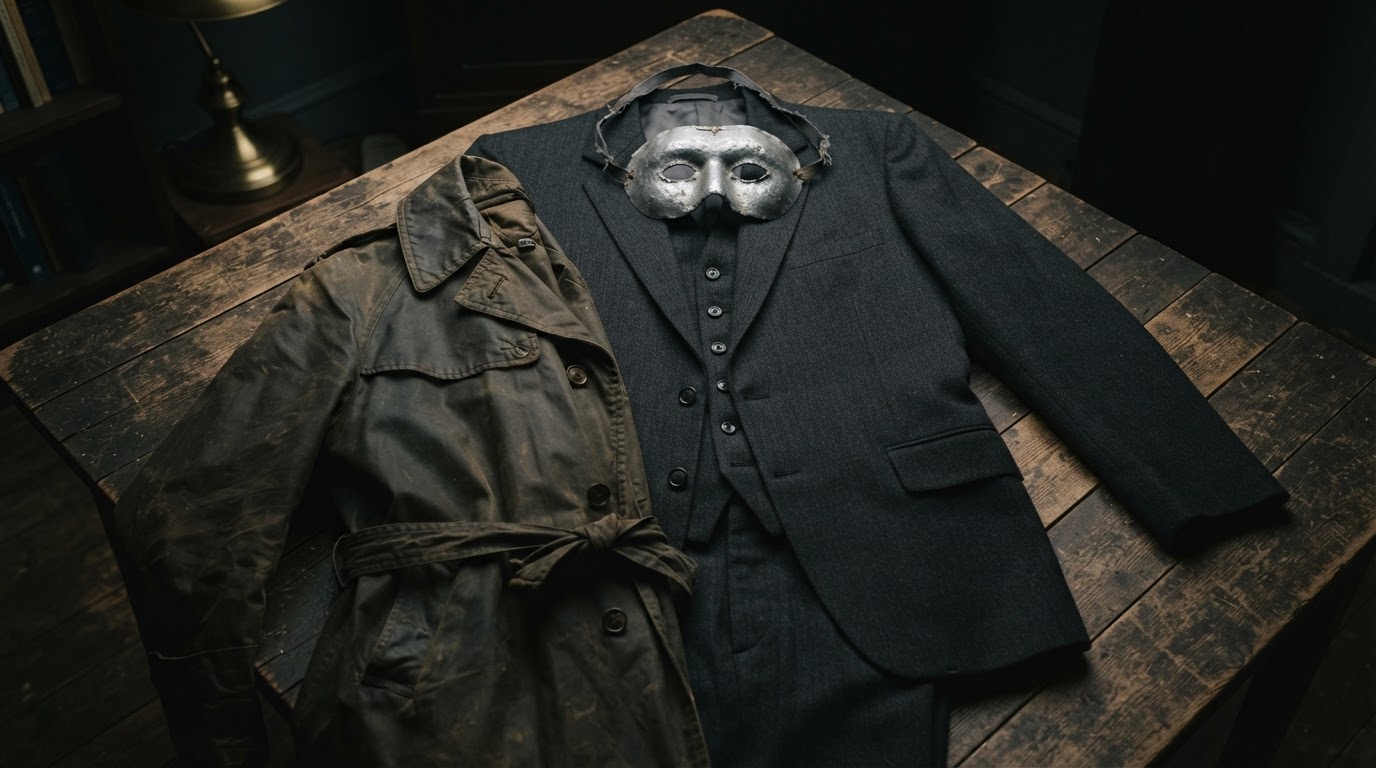 A still life of an old waterproof coat and formal suit with a lead eye mask laid on top, photorealistic