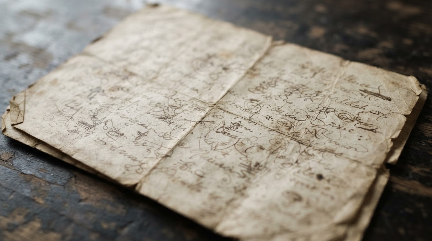 An old sheet of paper with an illegible handwritten note, no legible text, photorealistic