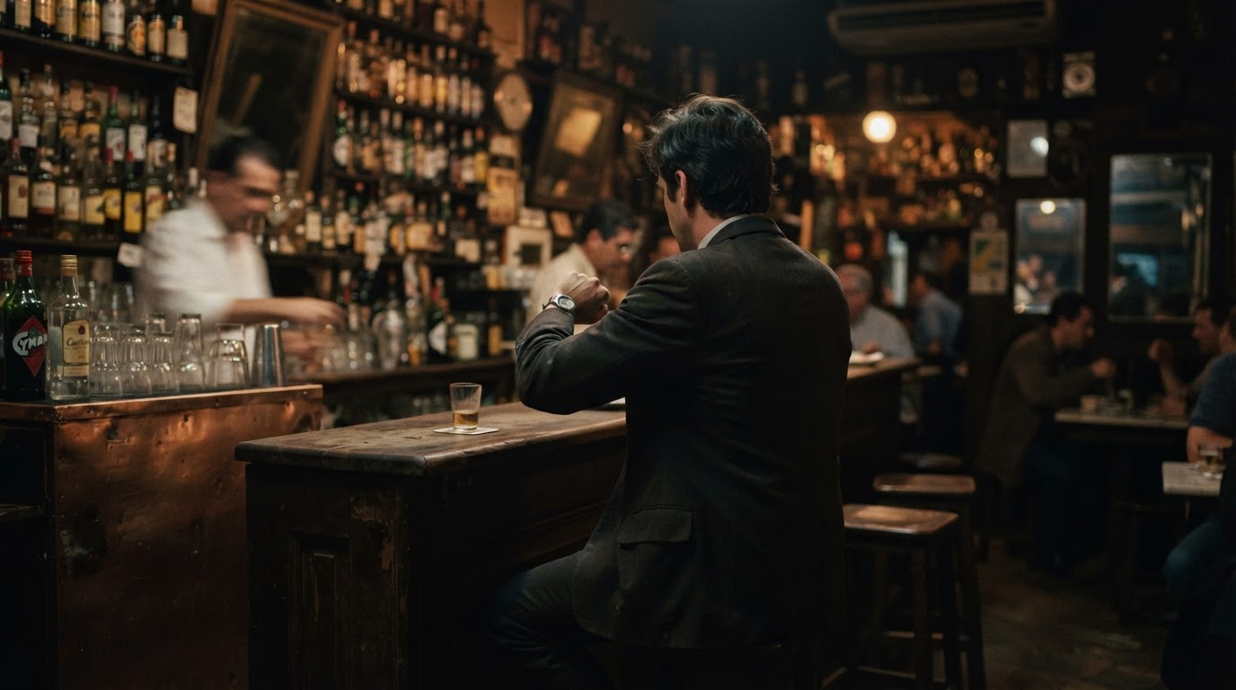 Interior of a small 1960s Brazilian bar, silhouette of a man checking his wristwatch