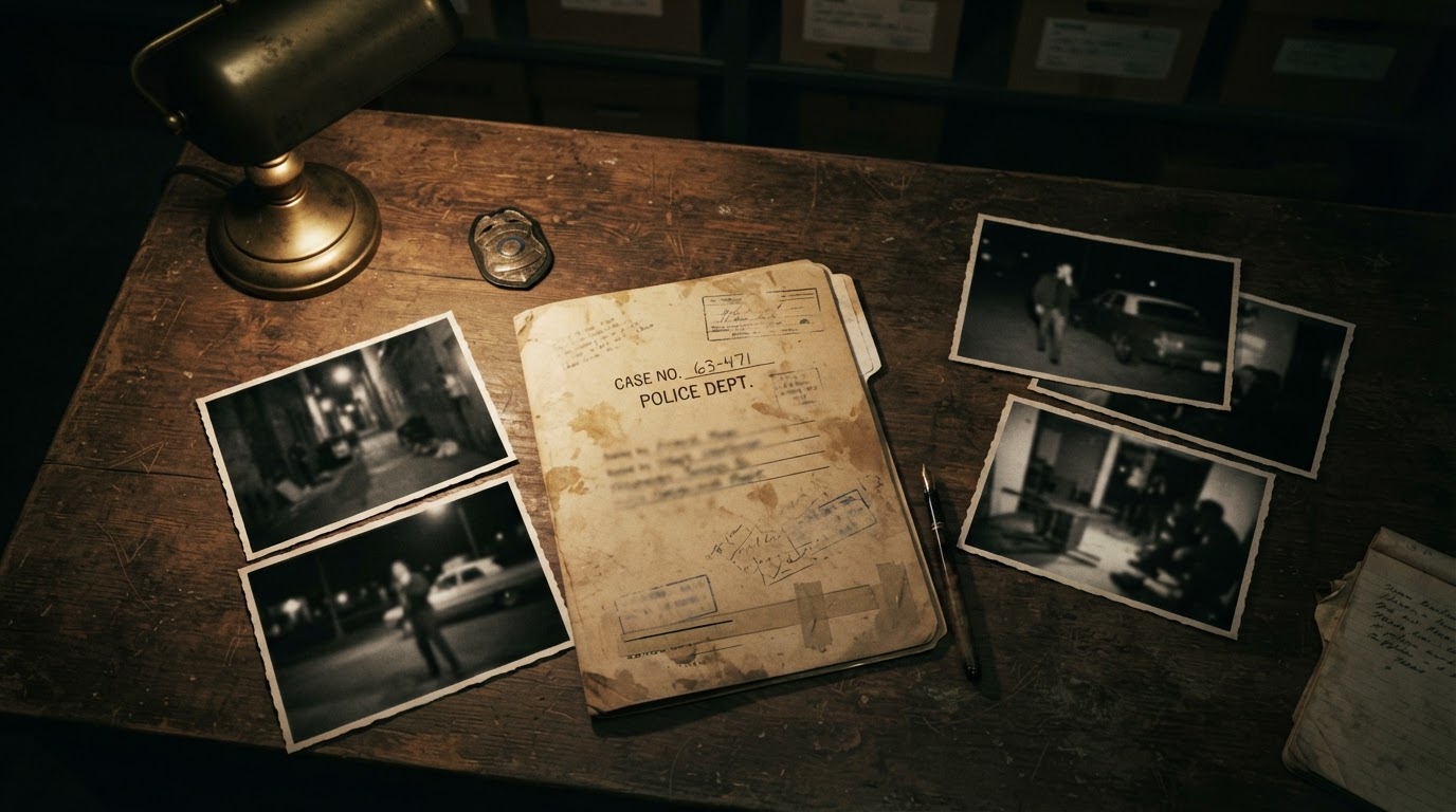 An old case file folder and black-and-white crime scene photos on a desk, 1960s atmosphere
