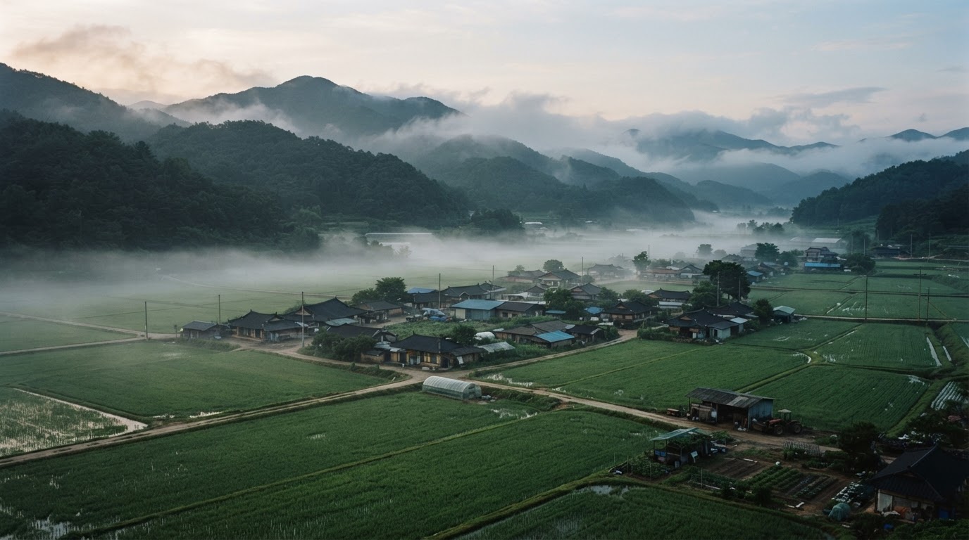 A distant view of a rural South Korean village on a summer morning, low mist over rice paddies and low rooftops, no people visible