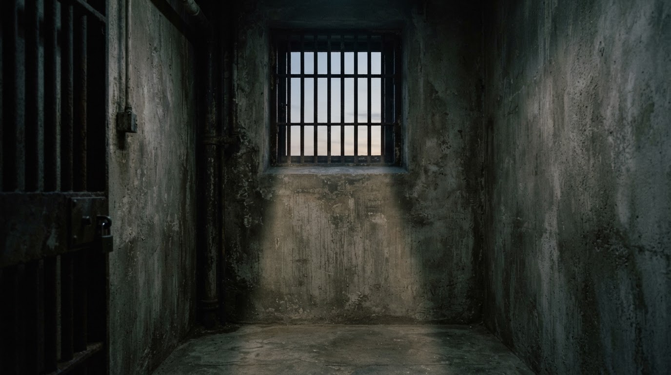 A fragment of sky seen beyond prison bars, a single shaft of light seeping into an empty room