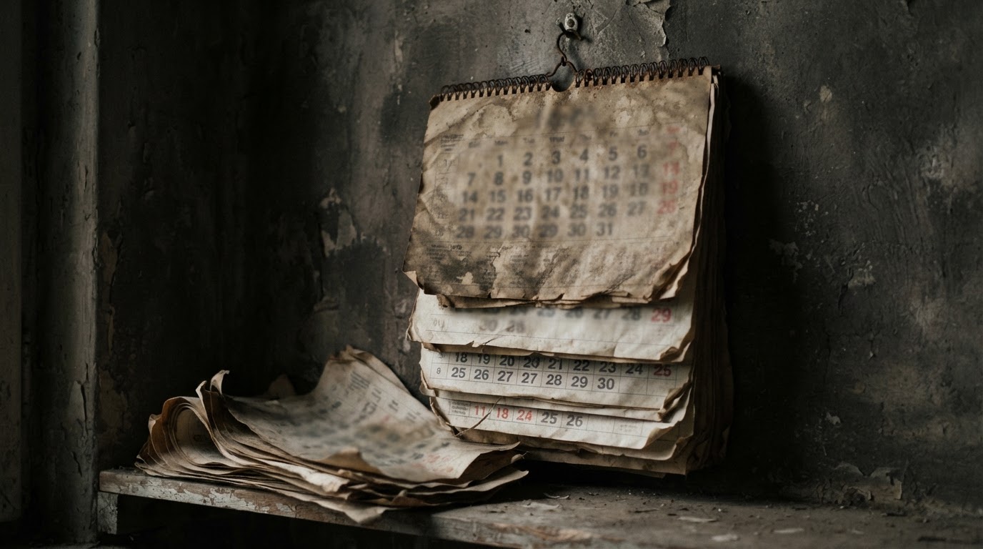 Several pages of an old calendar marking the passage of years, dates and numbers deliberately blurred and illegible, the weight of time gone by (no readable text)