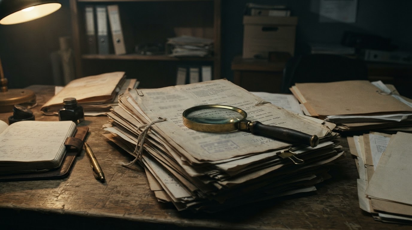A pile of old retrial documents with a magnifying glass resting on top, the lettering deliberately blurred and illegible, a quiet desk (no readable text)