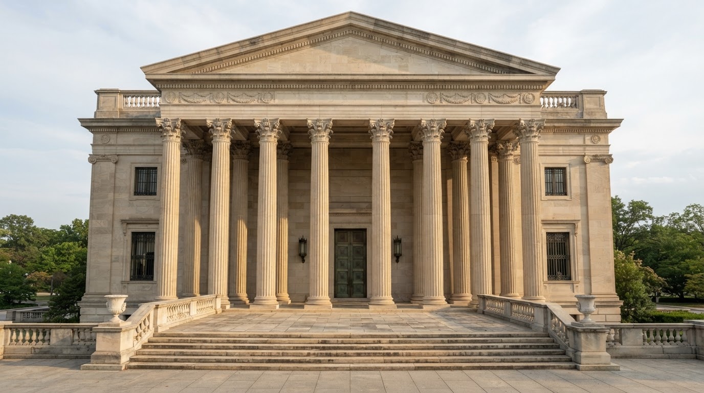 Calm light seeping between the columns of a supreme-court-style stone building, a still and dignified facade
