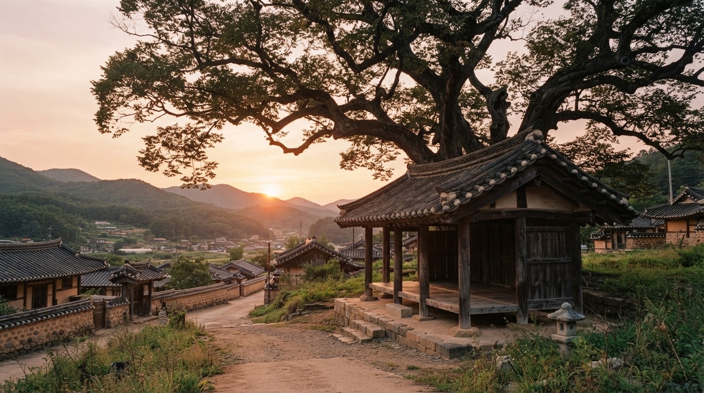 Sunset spreading over an old pavilion tree at the entrance to a village, an empty wooden platform, the fading light of the countryside