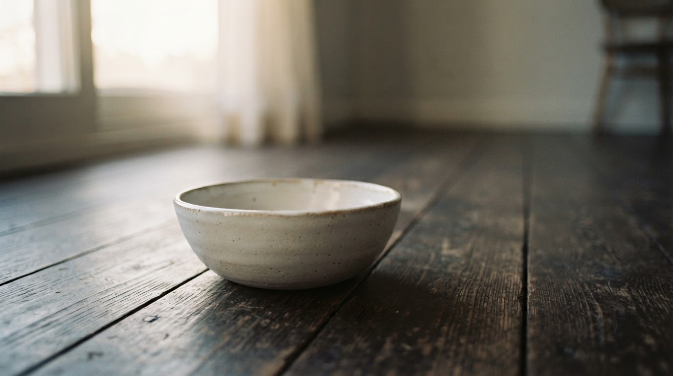 Clear morning light reflected in a single empty bowl, a still life on a dark wooden floor, quiet and symbolic