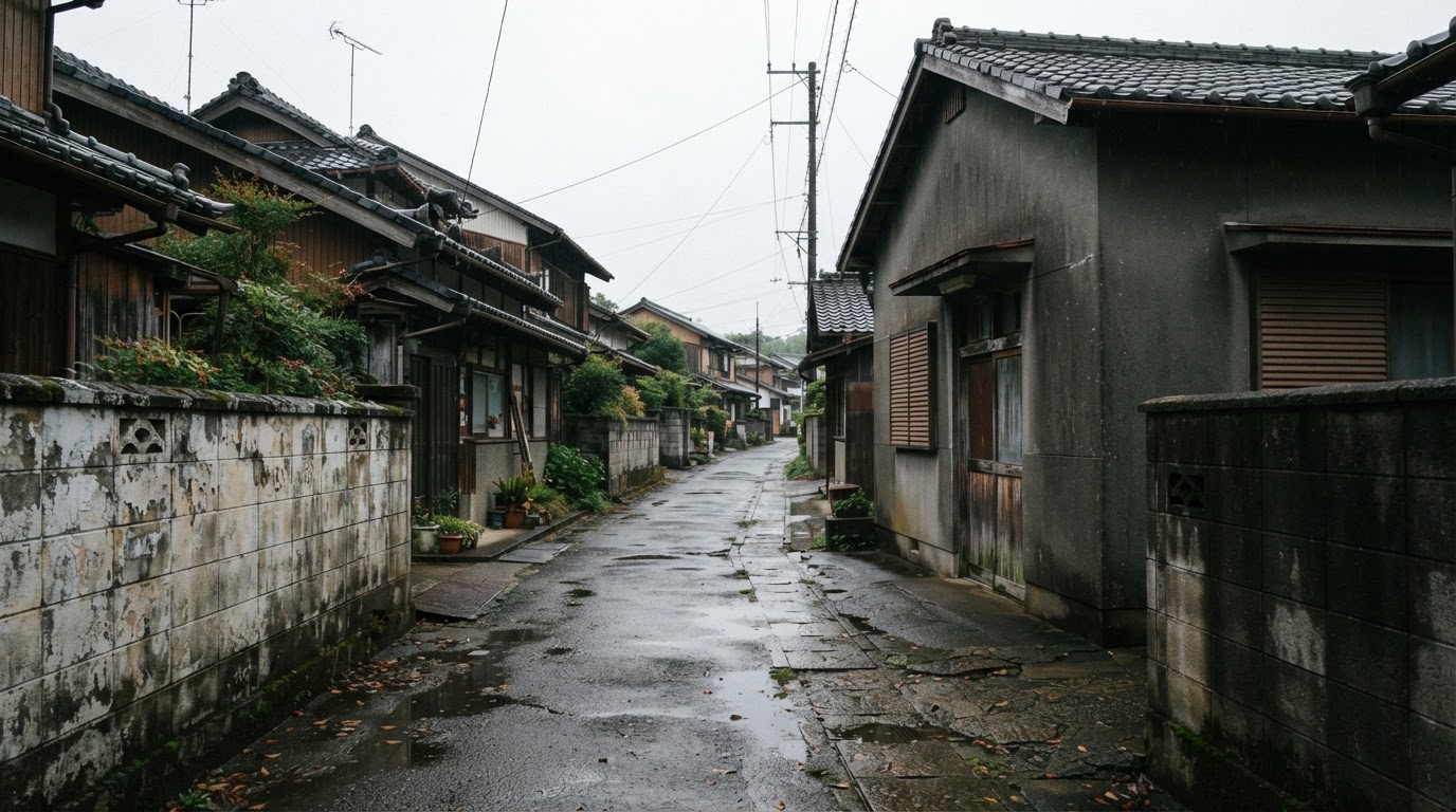 An alley by a village community hall in the early morning, low walls and old houses, quiet and deserted