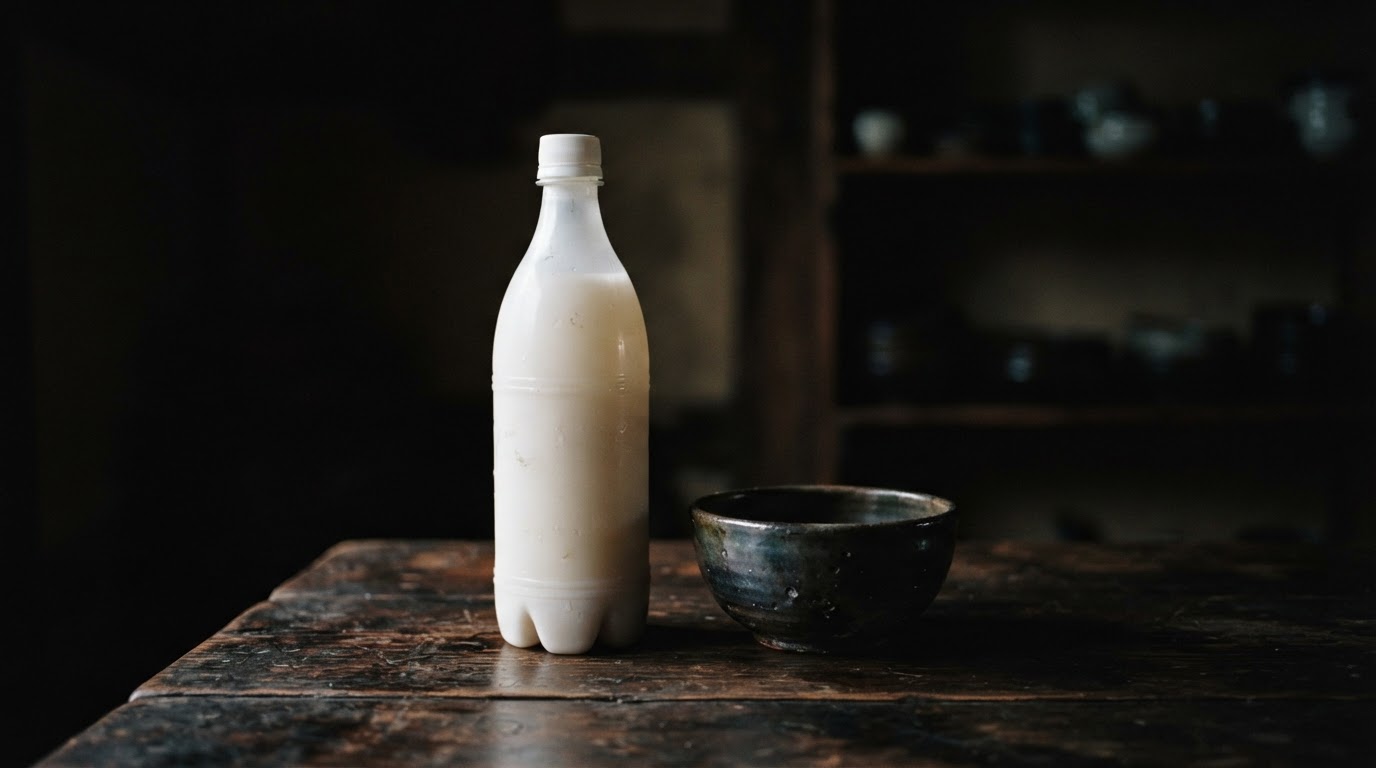 A still life of a single unlabeled white plastic makgeolli bottle and a bowl against a dark background, symbolic and quiet