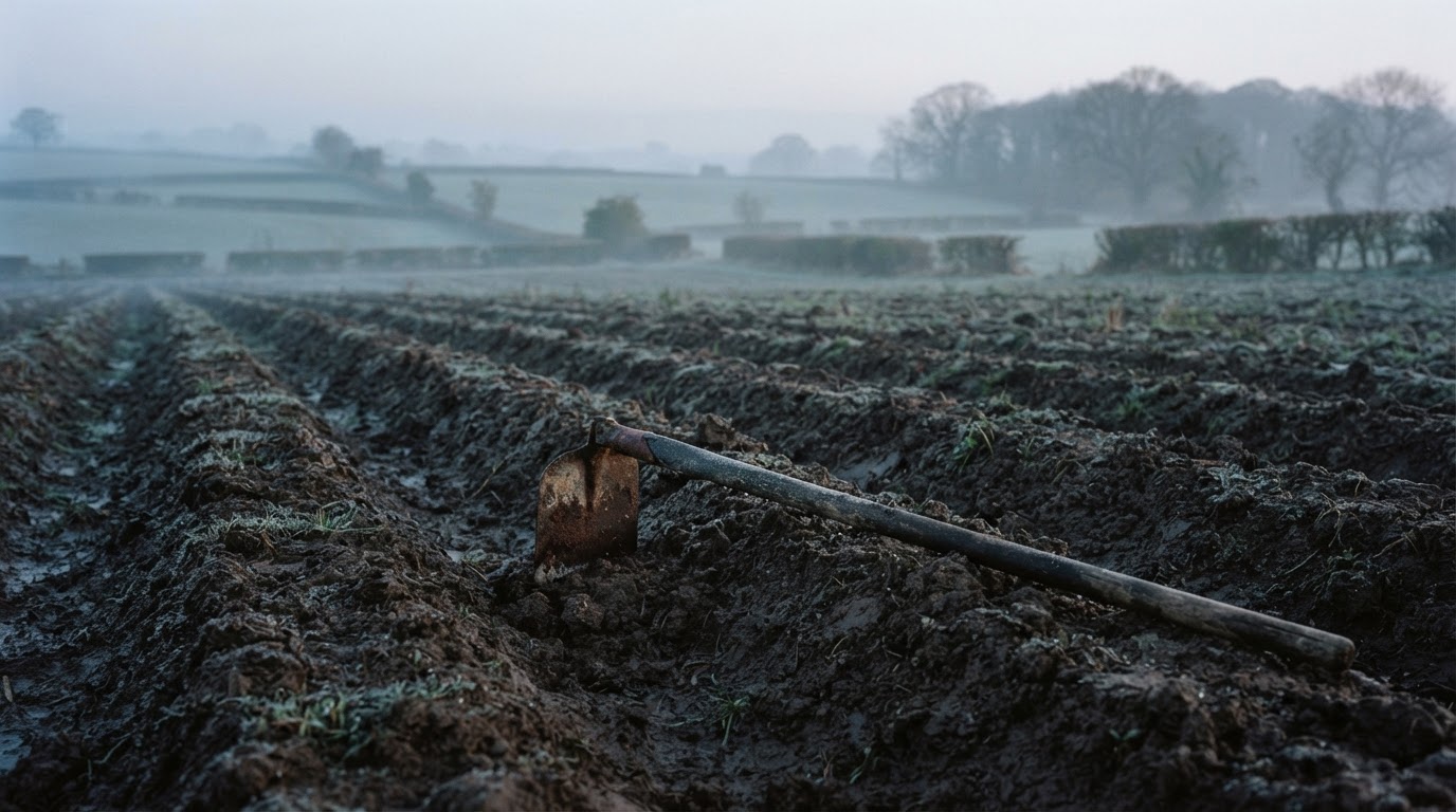 Field ridges and furrows, an old hoe resting on the soil, morning dew on the rural ground, no people