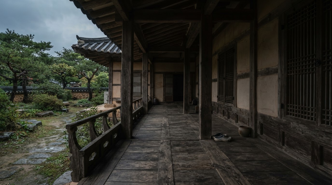 The old wooden porch of a country house with shade falling across it, an empty veranda, a quiet and still afternoon