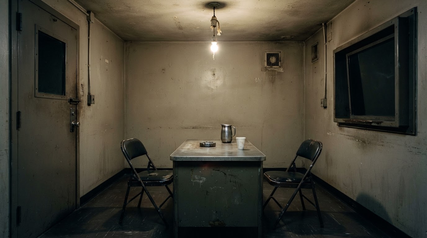 An empty interrogation room in the style of a police station, a single worn desk with chairs facing each other, cold overhead light from the ceiling