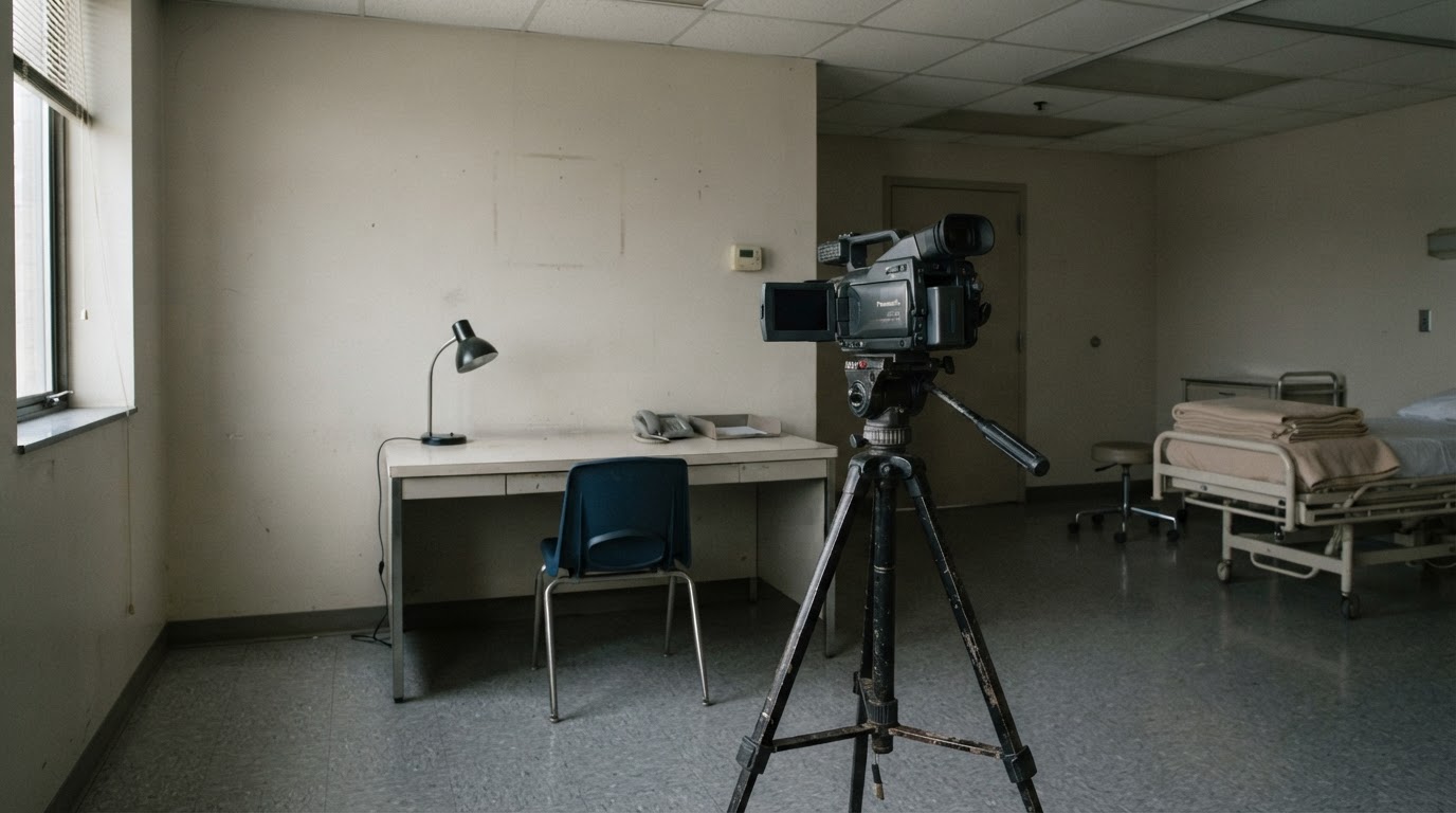 An empty examination room with a camcorder standing on a tripod, its screen switched off, the room deserted, a cold stillness
