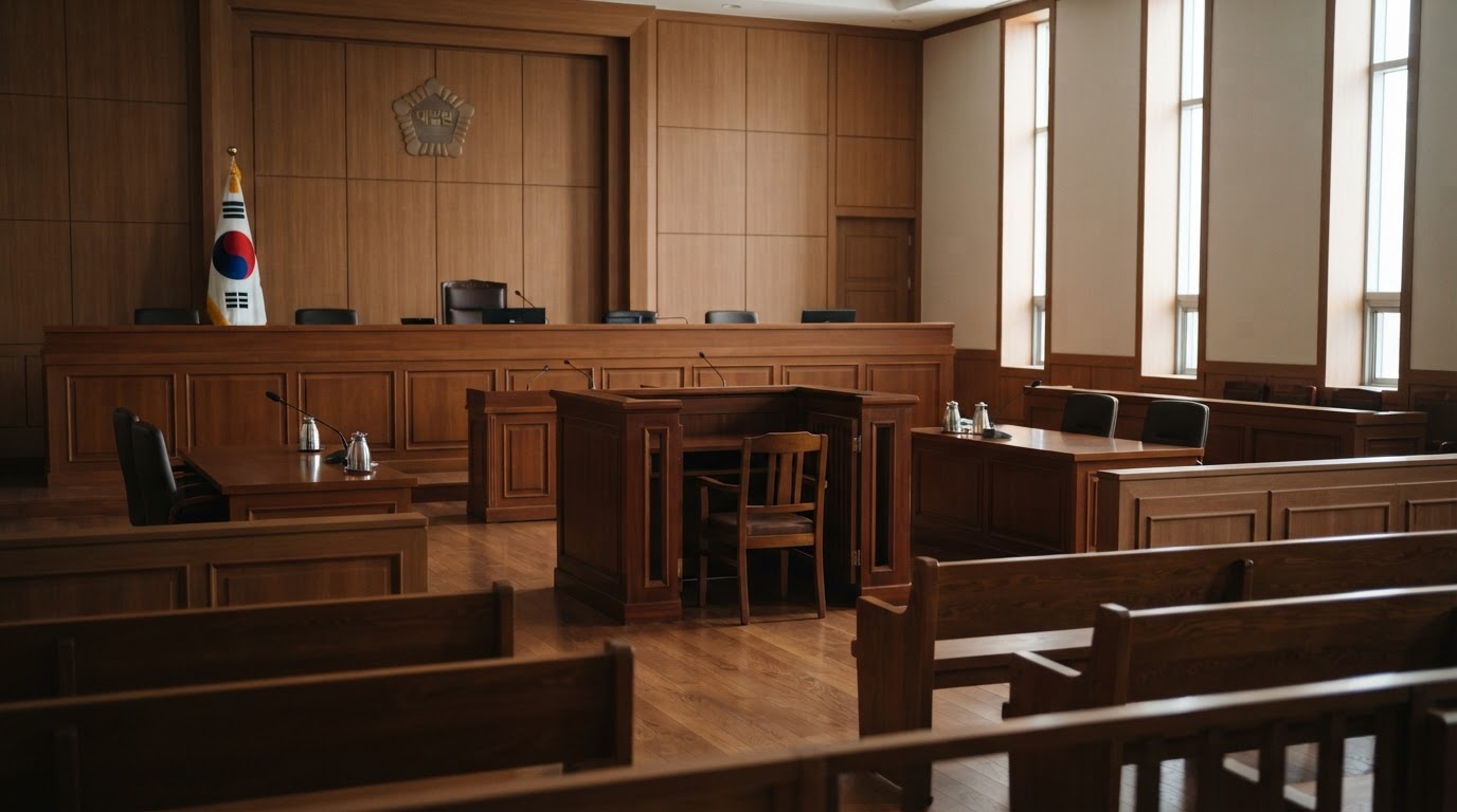 An empty defendant's dock in a courtroom seen from a distance, an orderly wood-paneled interior, no one seated