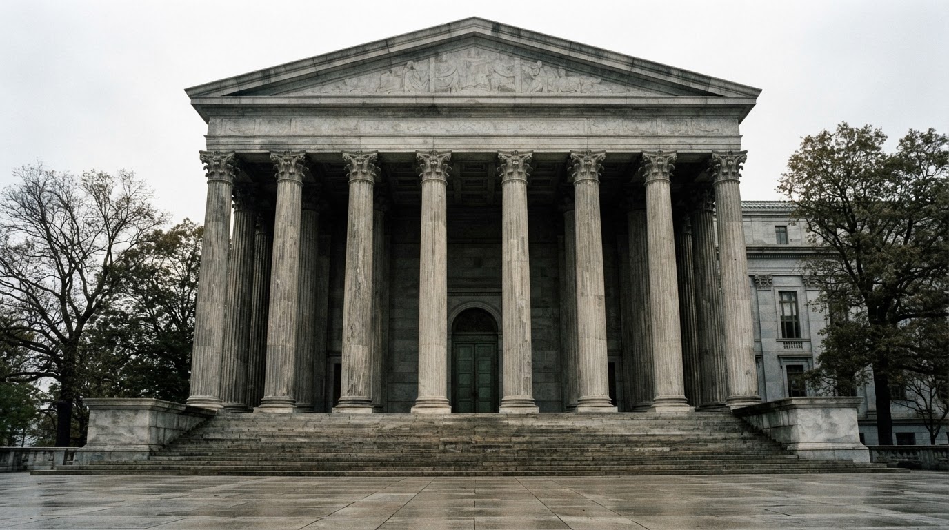 The grand stone columns of a supreme-court-style building, a still facade under calm daylight