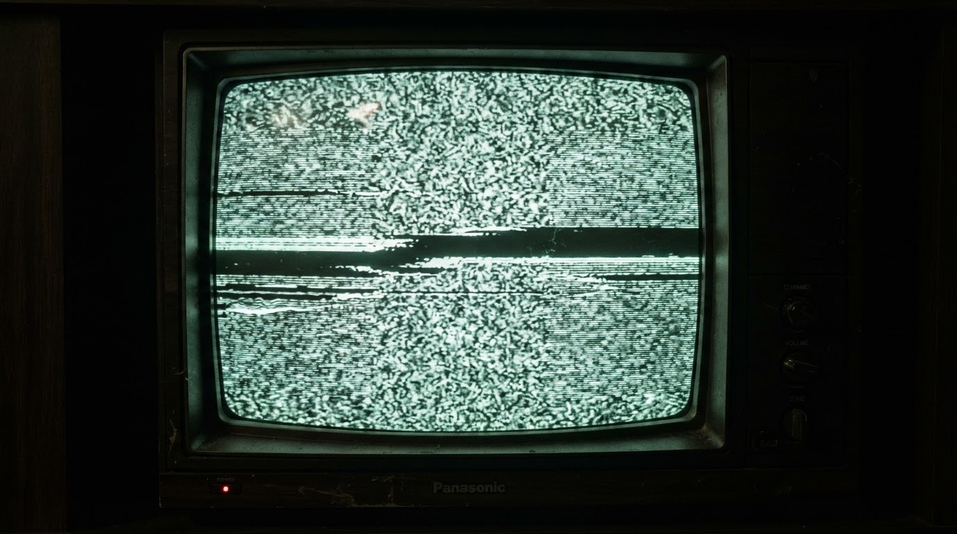 A CRT television screen filled with crackling noise and glitch artifacts