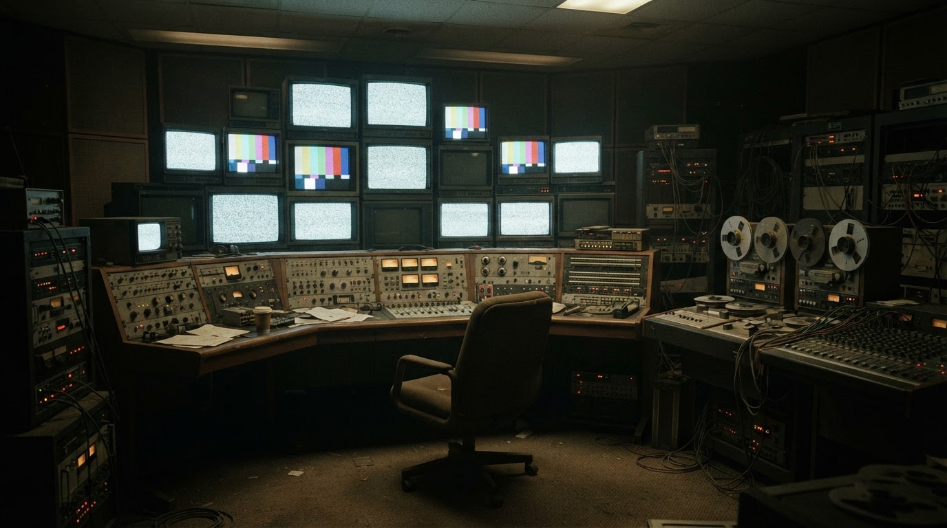 The control room of an old broadcast studio, with noise filling several monitors