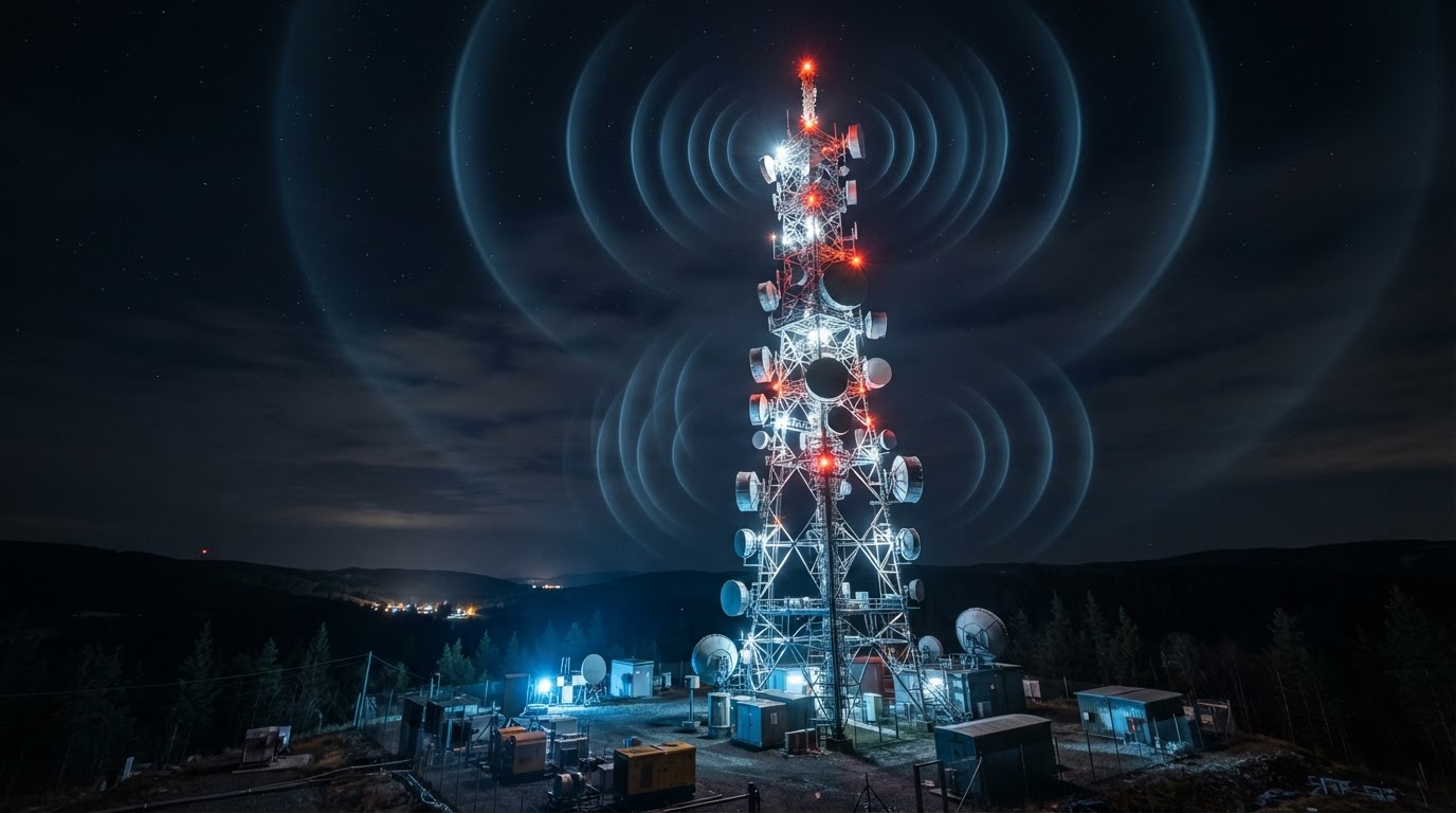 Microwave antennas reaching toward a broadcast tower against the night sky, visualizing radio waves
