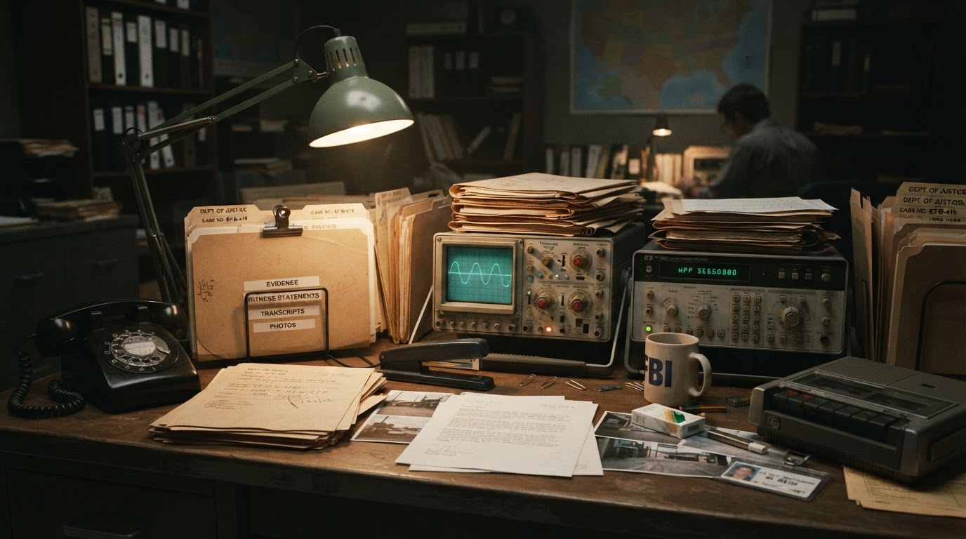 Late-1980s government investigation documents and file folders on a desk with analog broadcast equipment