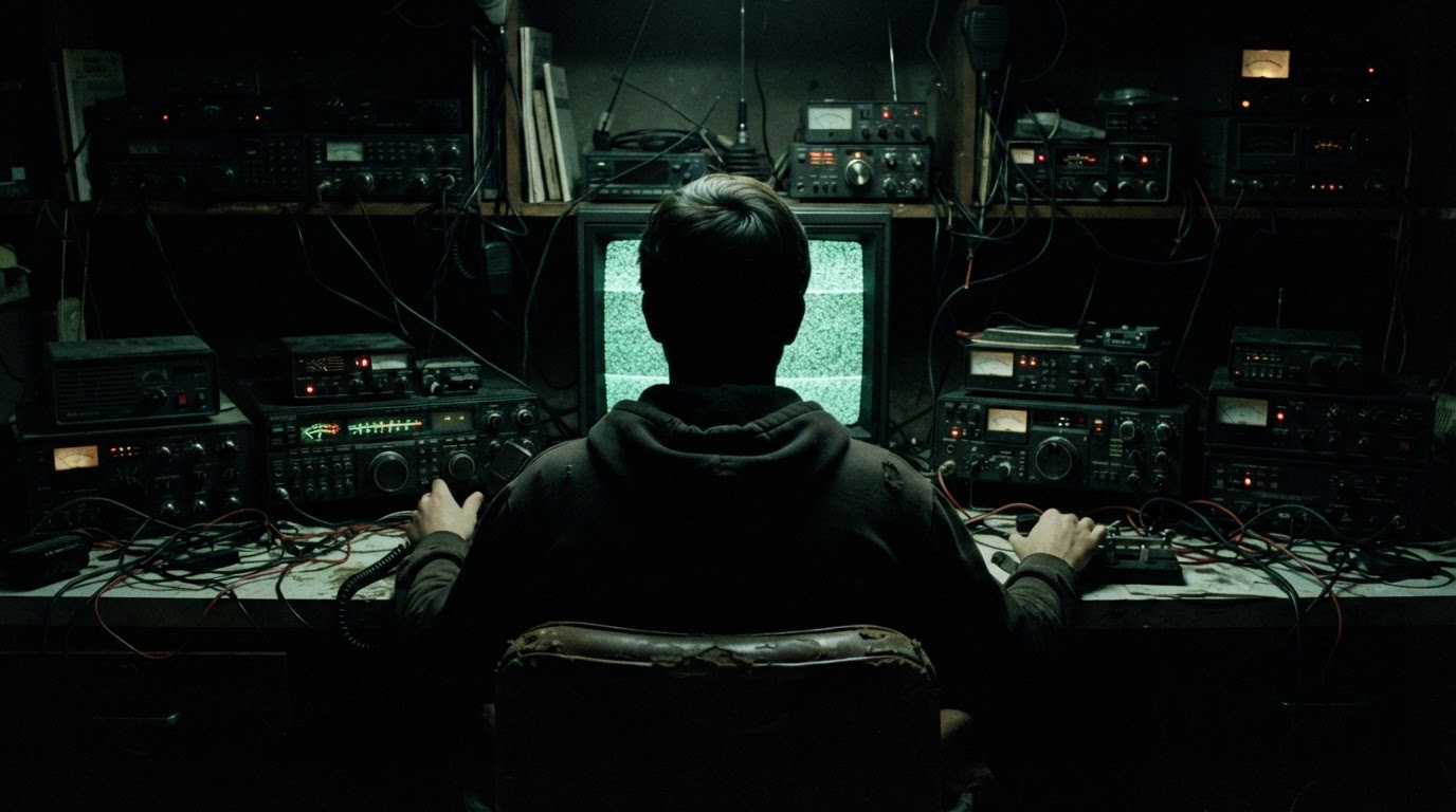 An unidentified silhouette seated before radio equipment and a CRT monitor in a dark room