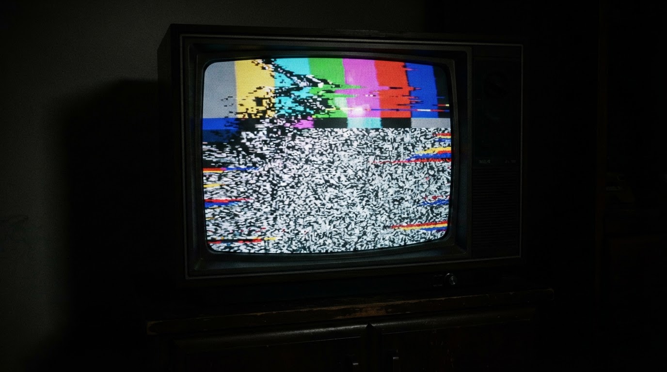 An empty late-night broadcast screen, an eerie freeze-frame mixing a color-bar test pattern with noise