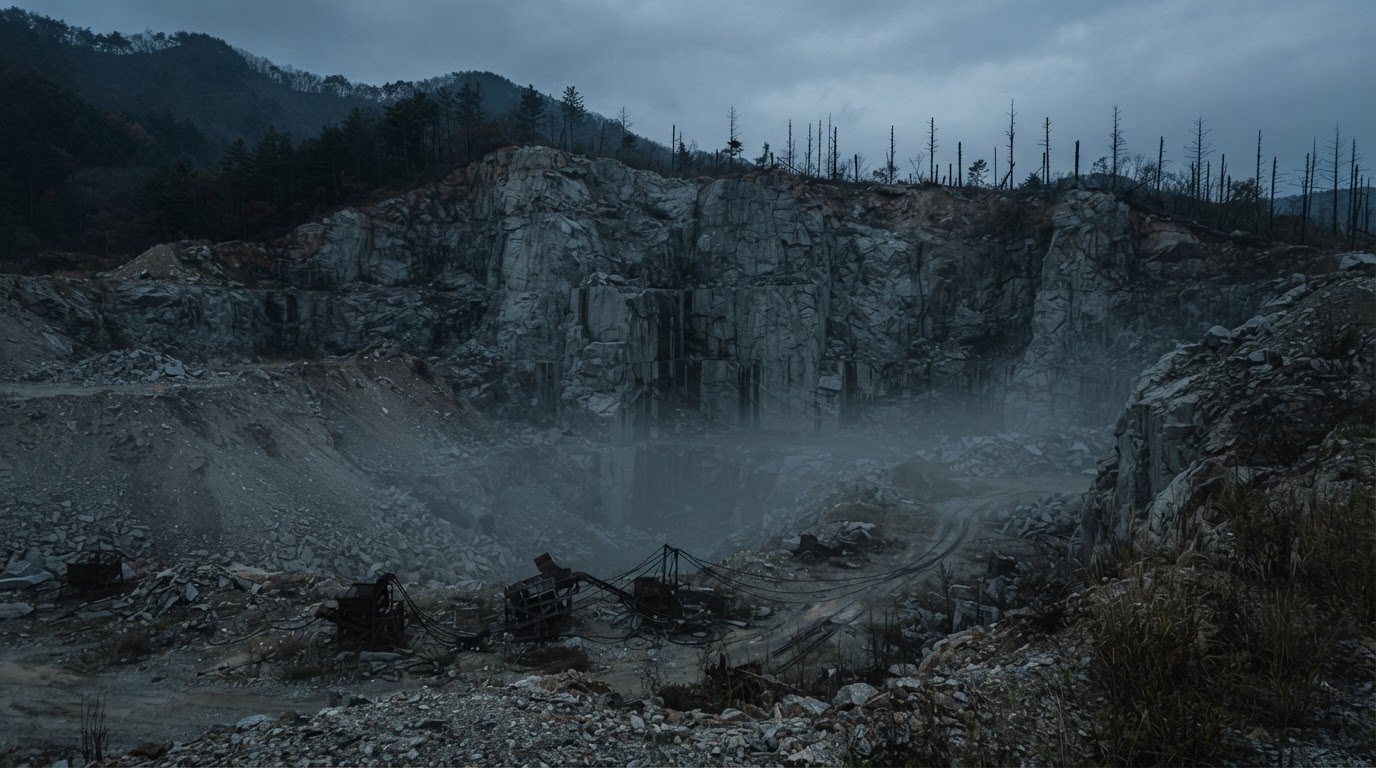 The abandoned quarry as fog settles in — a place where only silence remains.