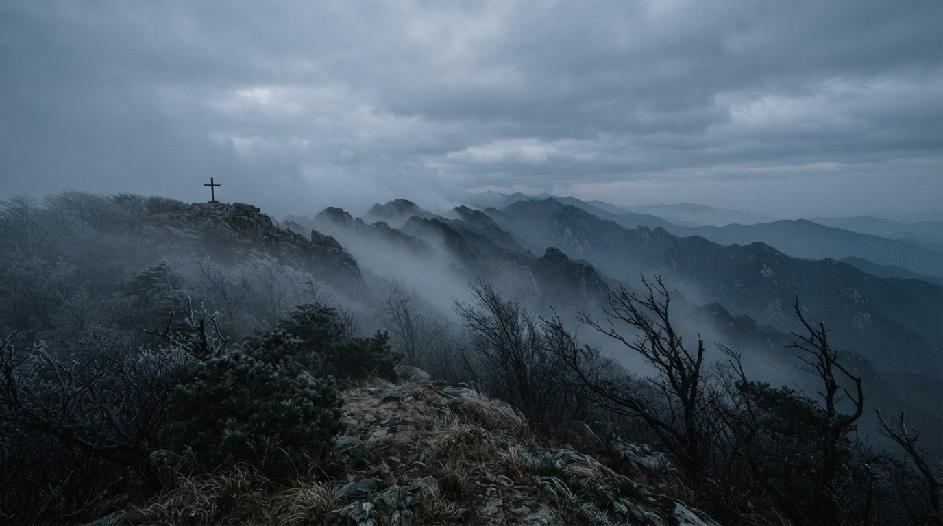 A cross on a ridge at dawn — but this is not the scene that was found on that mountain in Mungyeong in May 2011.