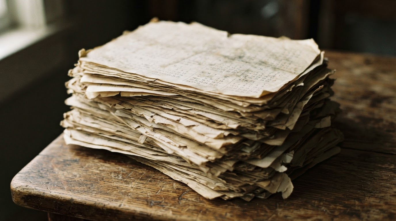 Several pages of an old calendar symbolizing decades slipping by, numbers and words deliberately blurred and illegible (no readable text)