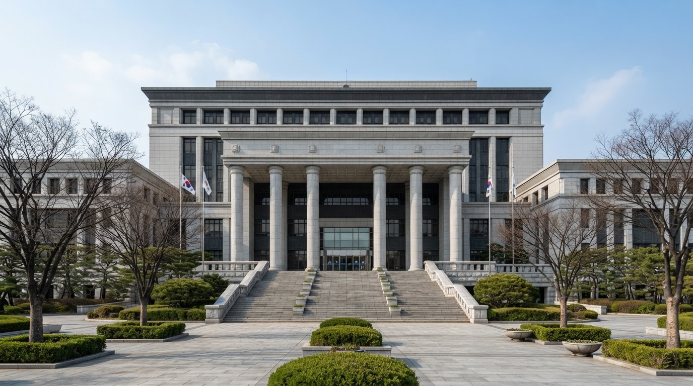 The exterior facade of a courthouse, a dignified, imposing front symbolizing justice