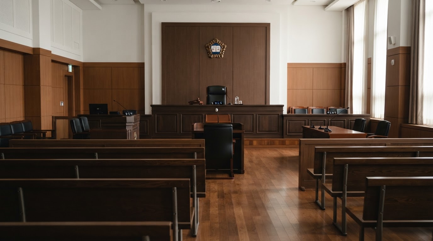 The interior of an empty Korean courtroom, unoccupied gallery benches and a vacant judge's bench, still and solemn