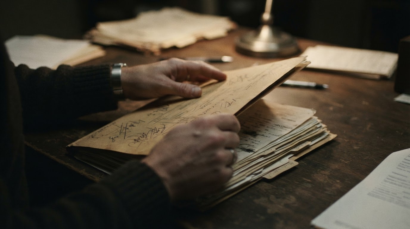 A pair of hands reopening a retrial case folder, softly blurred with no legible writing (no readable text)