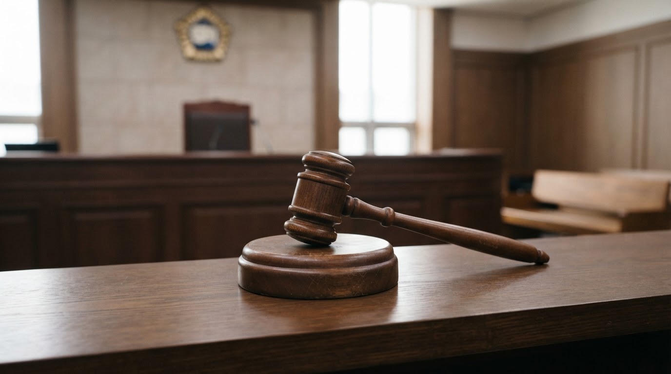 A judge's gavel resting on its wooden block under calm lighting, with no lettering (no readable text)