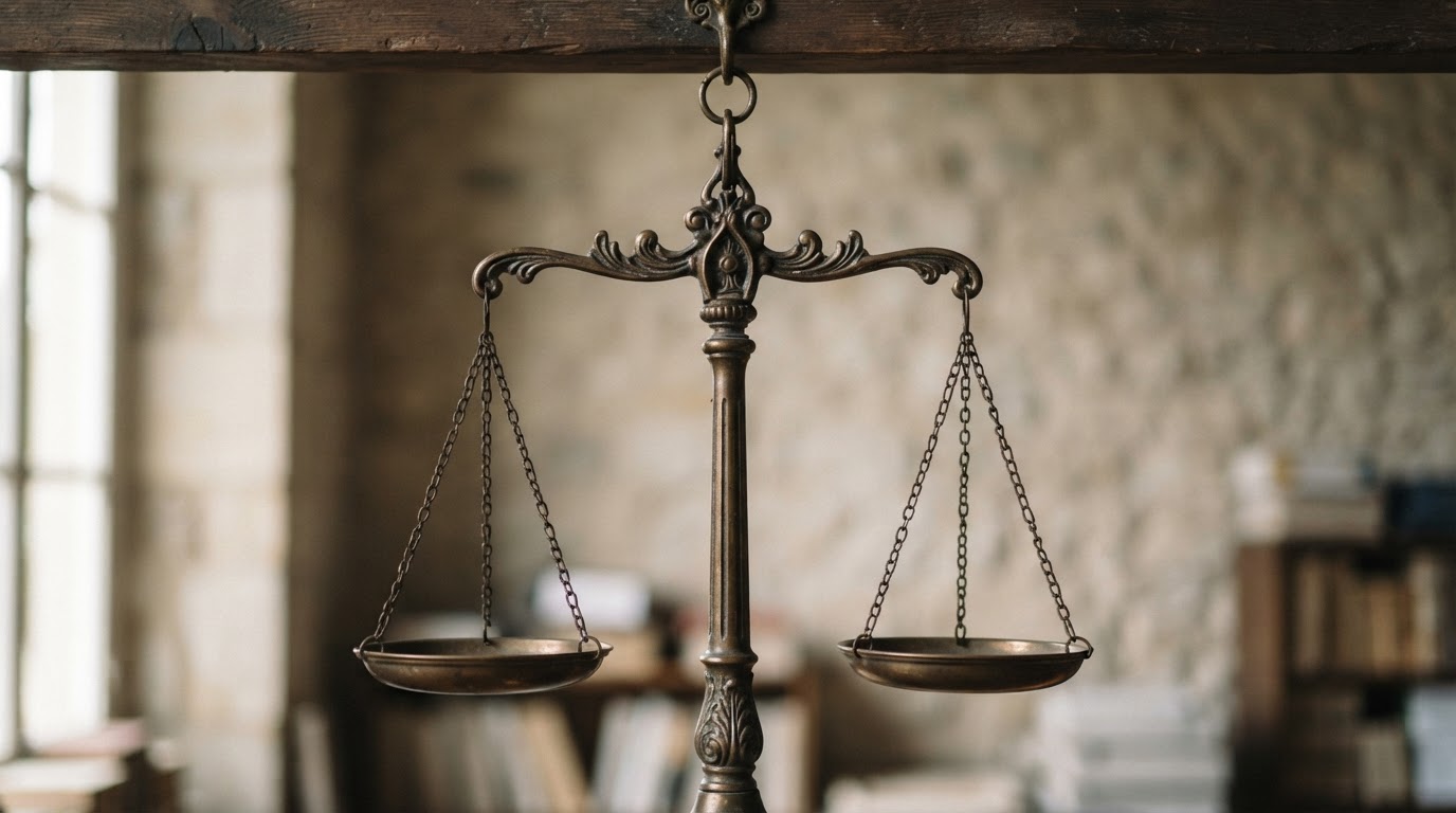 The scales of justice in perfect balance, a symbolic image against a calm background (no readable text)