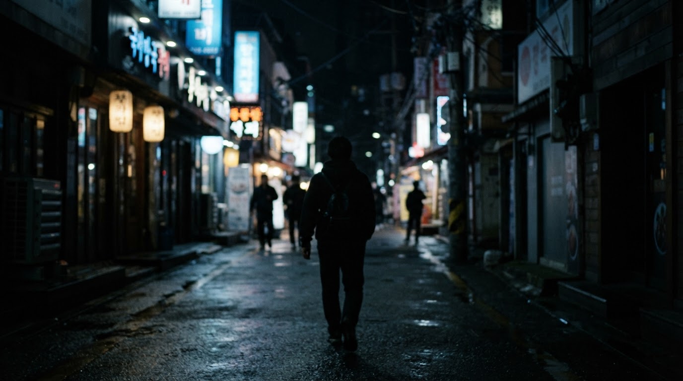 A single blurred silhouette seen from behind, disappearing into the darkness of a Korean night street (not a police composite sketch, identity unidentifiable)