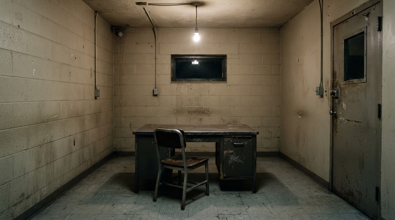 An empty interrogation room, a single worn desk, and a cold light hanging alone from the ceiling